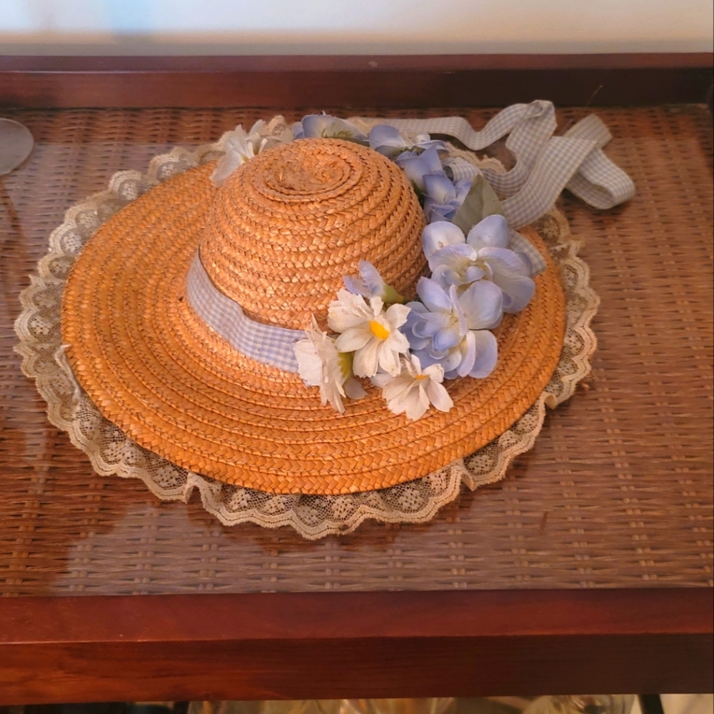 Vintage Woven Doll Hat W/ Ribbon & Flower Hat Band